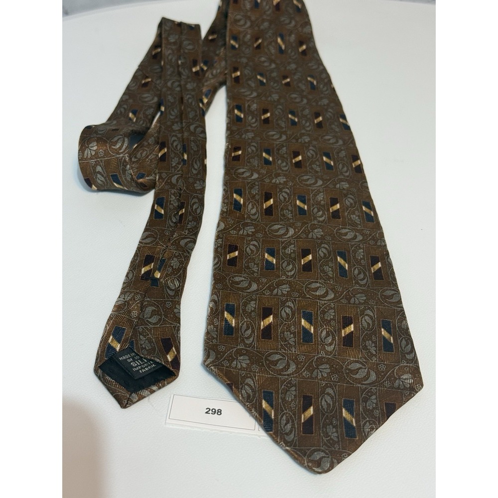 Vintage Bill Blass Black Label Silk Tie Brown Geometric Damask Art Deco Retro